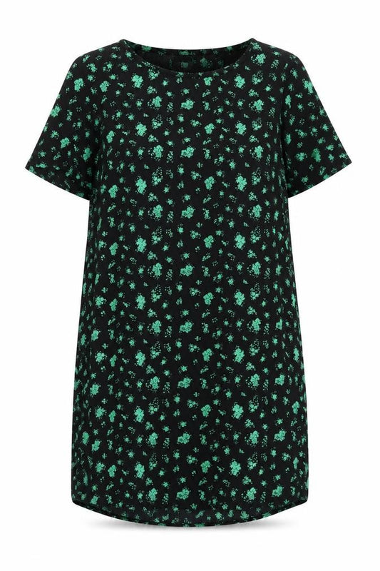 Front view of Zizzi Women's Black Floral Shift Dress, size M, Short Sleeve