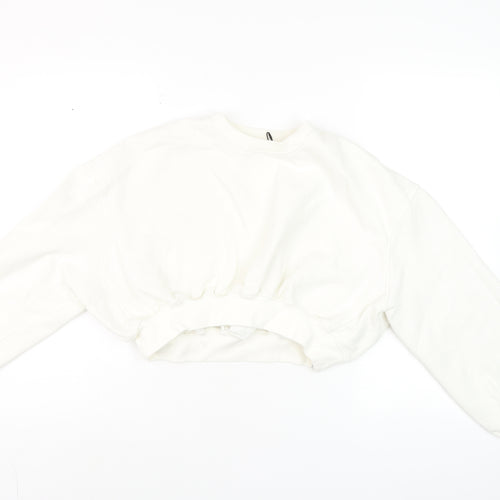 Zara Women White Cotton Blend Cropped Pullover Sweatshirt S