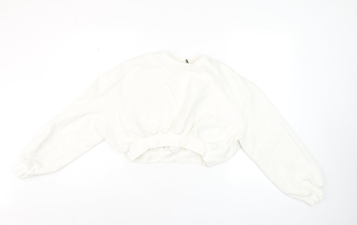 Zara Women White Cotton Blend Cropped Pullover Sweatshirt S