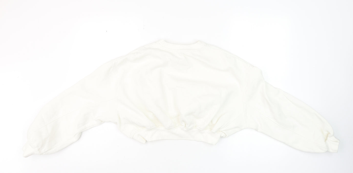Zara Women White Cotton Blend Cropped Pullover Sweatshirt S