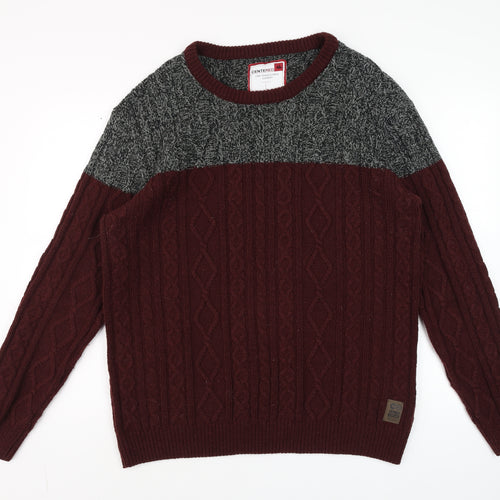 CENTERED Men Red & Grey Cable-Knit Jumper L Crew Neck Pullover
