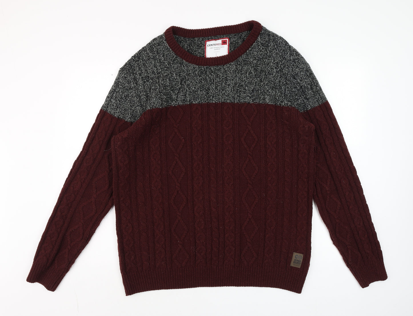 CENTERED Men Red & Grey Cable-Knit Jumper L Crew Neck Pullover