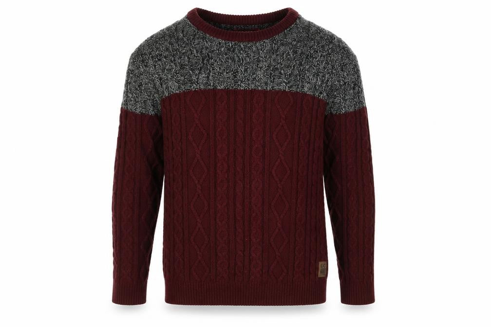 Front view of CENTERED Men Red & Grey Cable-Knit Jumper L Crew Neck Pullover