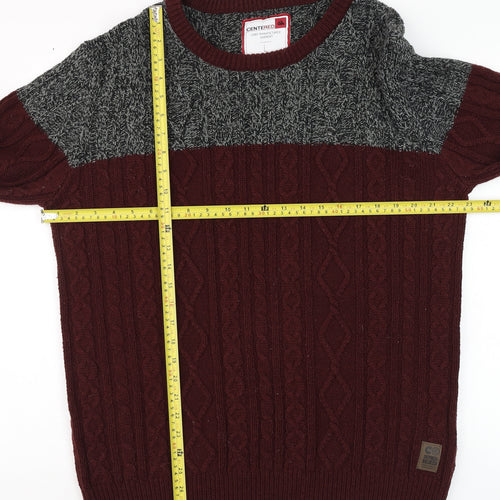 CENTERED Men Red & Grey Cable-Knit Jumper L Crew Neck Pullover
