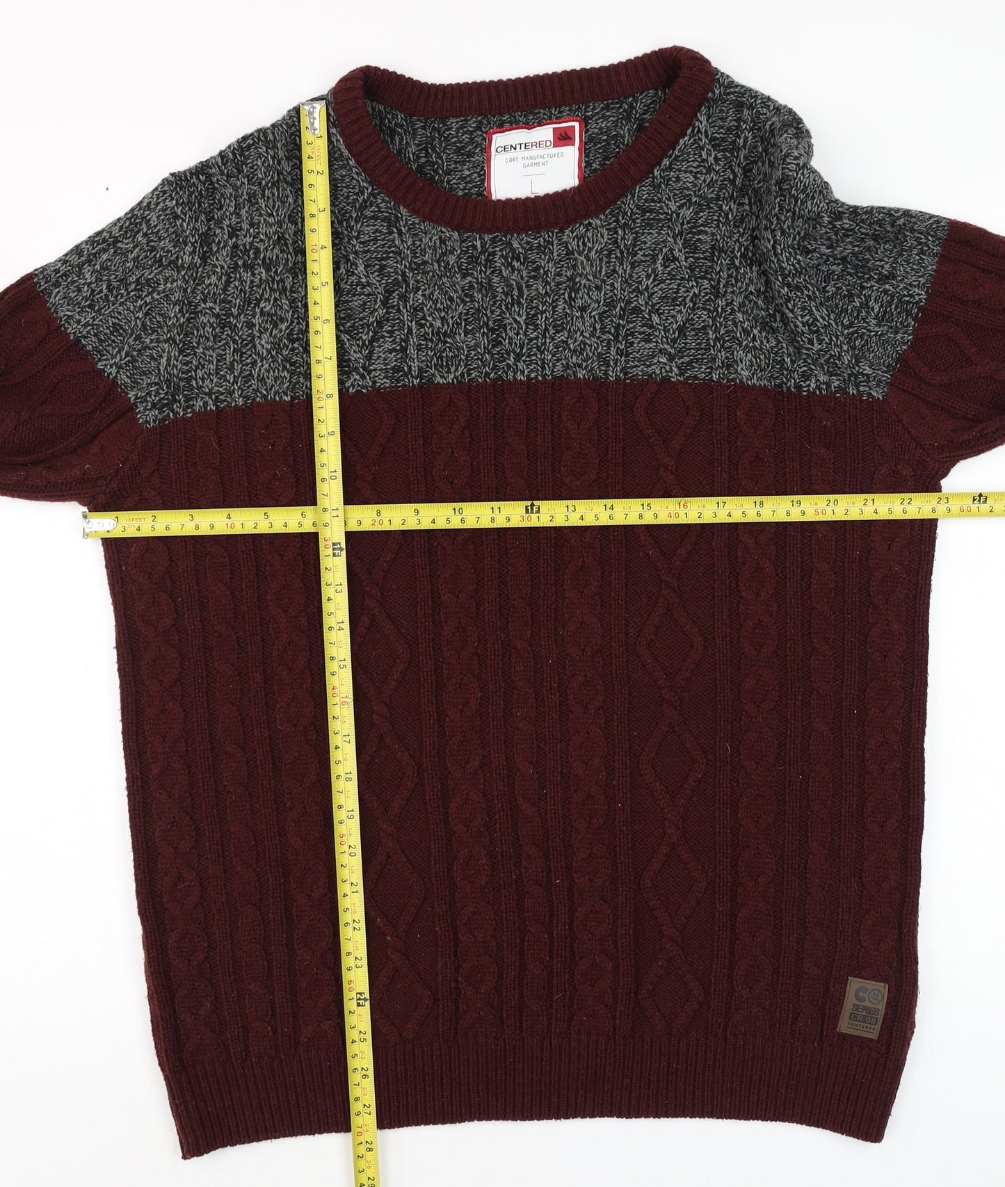 CENTERED Men Red & Grey Cable-Knit Jumper L Crew Neck Pullover