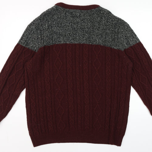 CENTERED Men Red & Grey Cable-Knit Jumper L Crew Neck Pullover
