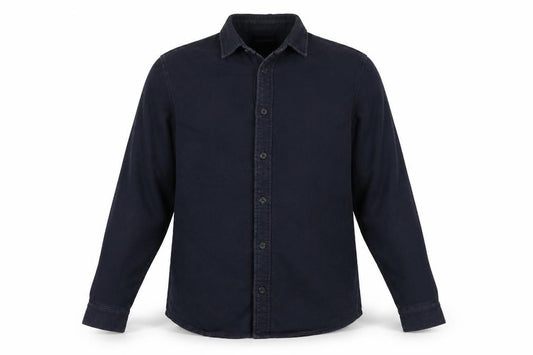 Front view of TailorByrd Men's Navy Blue Cotton Long Sleeve Button-Up Shirt, size L