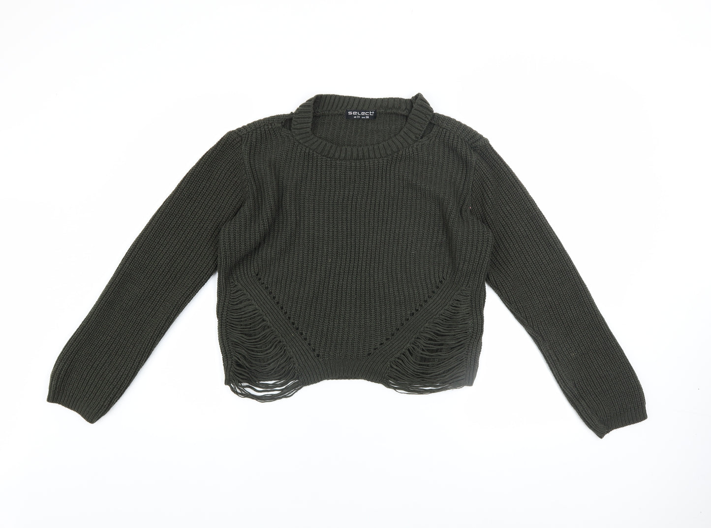 Select Women Green Chunky Knit Distressed Jumper Size 10