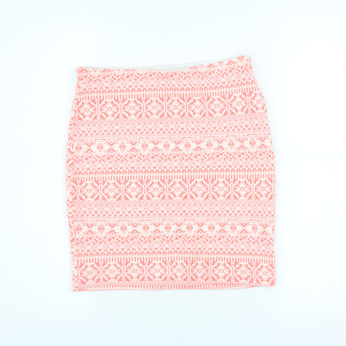 Bershka Women Pink Geometric Pencil Skirt Size L Stretch Cotton Blend