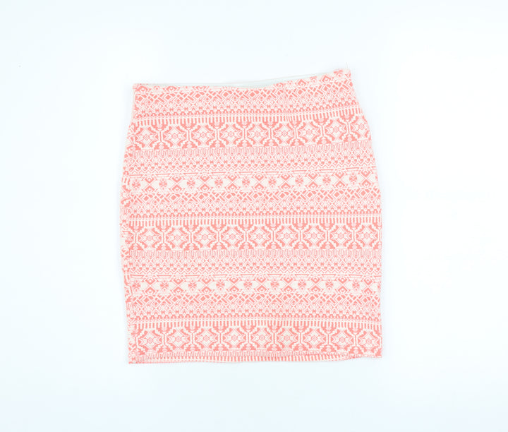 Bershka Women Pink Geometric Pencil Skirt Size L Stretch Cotton Blend