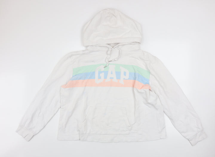 GAP Women White L Pullover Hoodie Logo Print 90% Cotton Casual