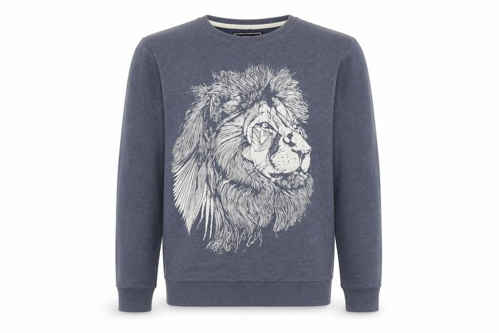 Front view of The Bearhug Co Men’s Blue Lion Graphic Sweatshirt, size S