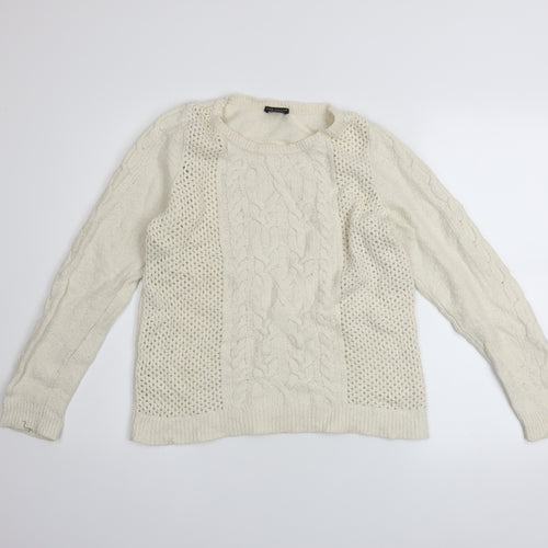 Ann Taylor Women Ivory Wool Blend Cable Knit Pullover Jumper L