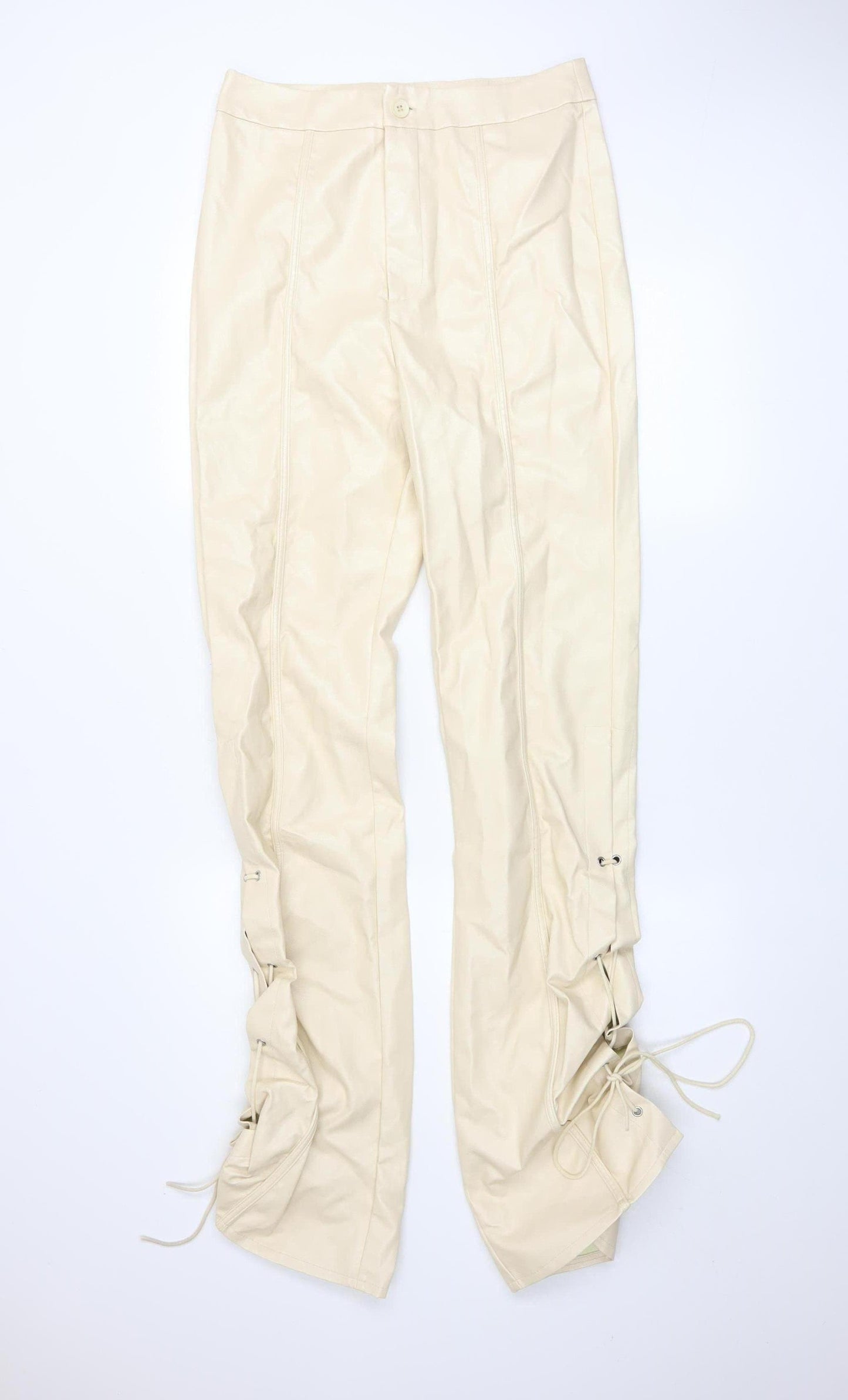 PrettyLittleThing Tall Beige Faux Leather Lace Up Womens Trousers UK 12