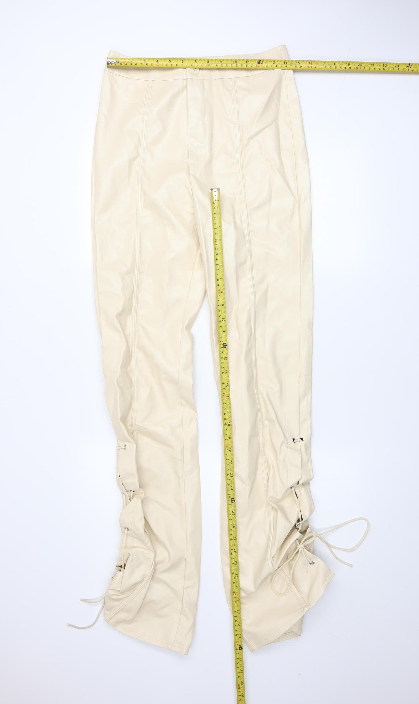 PrettyLittleThing Tall Beige Faux Leather Lace Up Womens Trousers UK 12