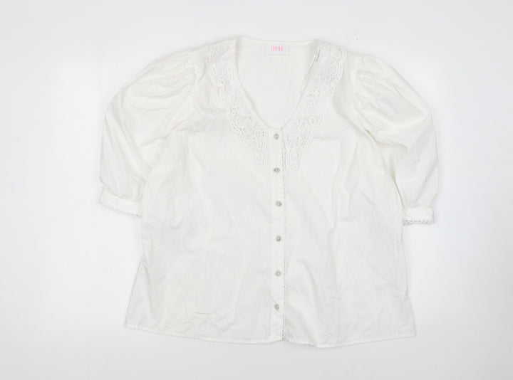 Savida Womens White Cotton Tunic Blouse Size 18 V-Neck Crochet Detail