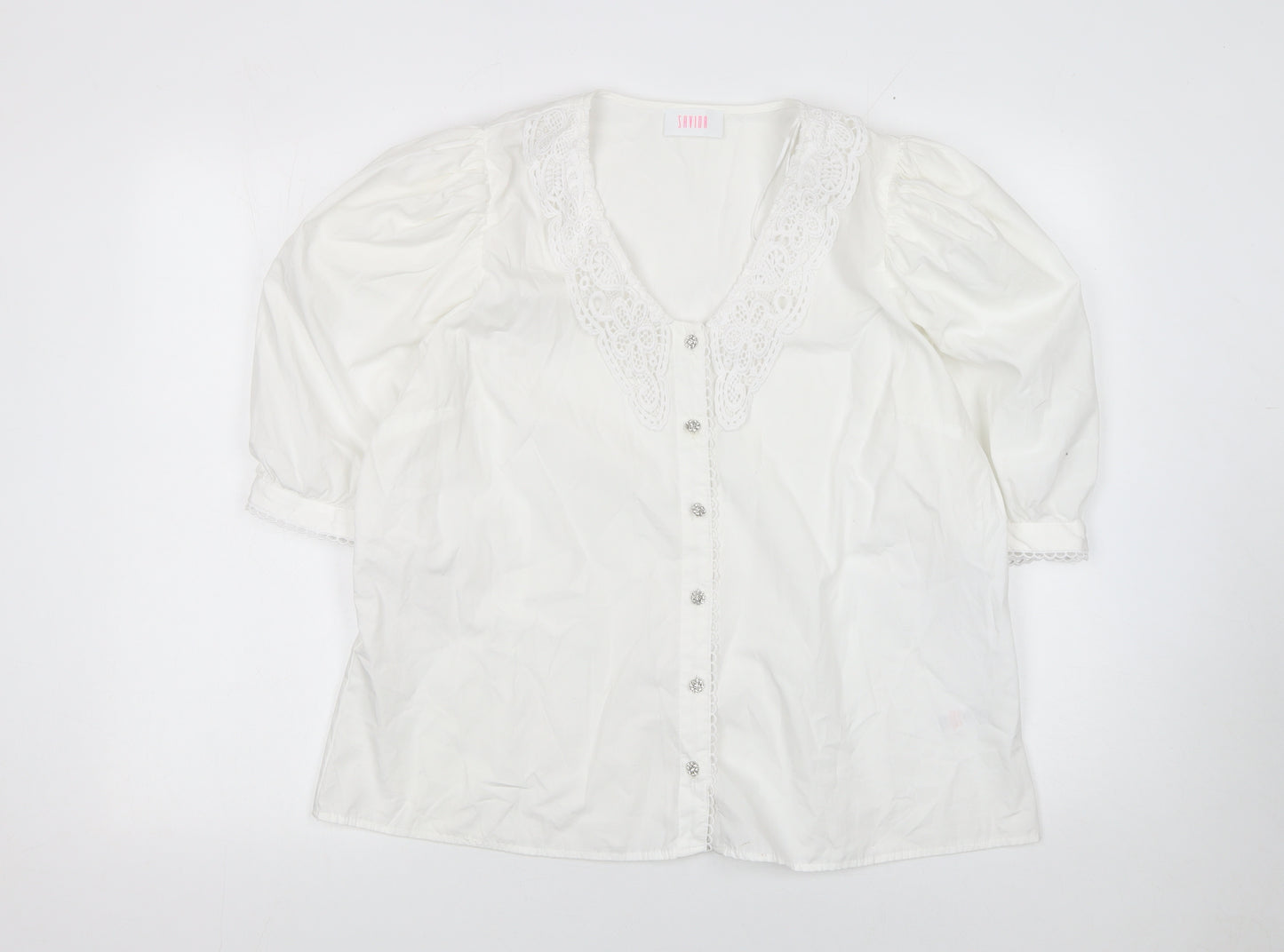 Savida Womens White Cotton Tunic Blouse Size 18 V-Neck Crochet Detail