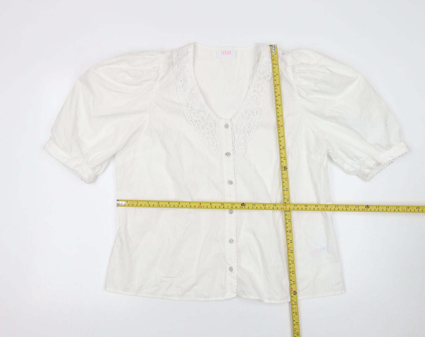 Savida Womens White Cotton Tunic Blouse Size 18 V-Neck Crochet Detail