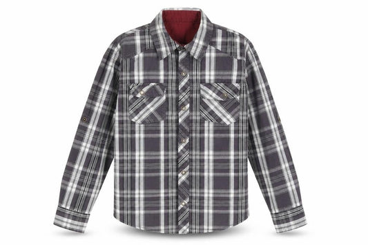 Front view of St. Bernard for Dunnes boys’ grey check button-up long sleeve shirt 8-9 years