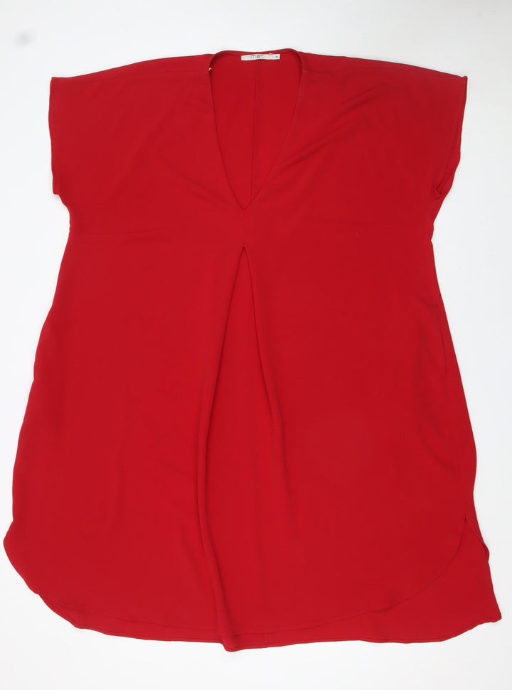 Mat. Women Red M Shift Dress V-Neck Short Sleeve Polyester