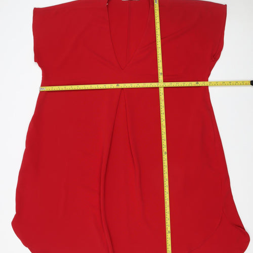 Mat. Women Red M Shift Dress V-Neck Short Sleeve Polyester