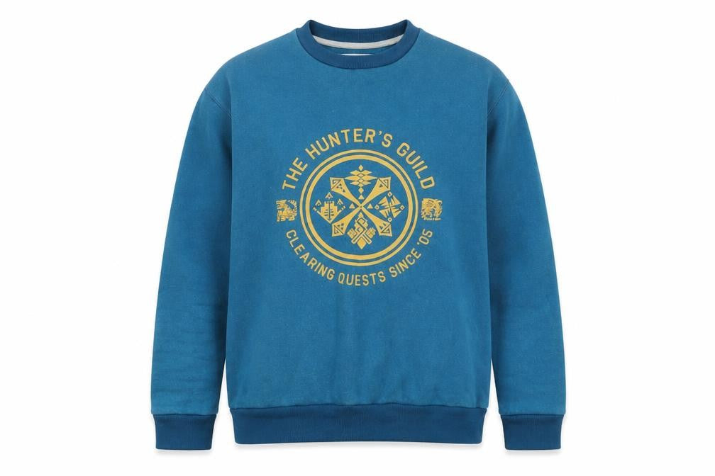 Front view of Insert Coin unisex blue graphic print pullover sweatshirt, size S