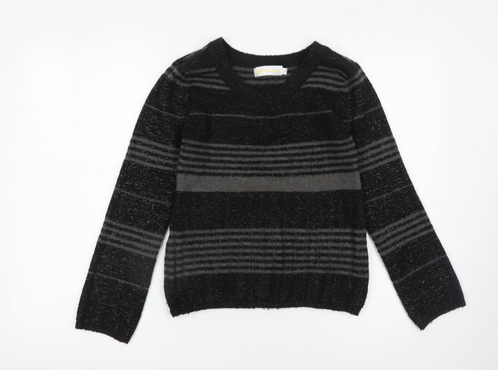 Yufascreation Women's Black Striped Wool Pullover Jumper M