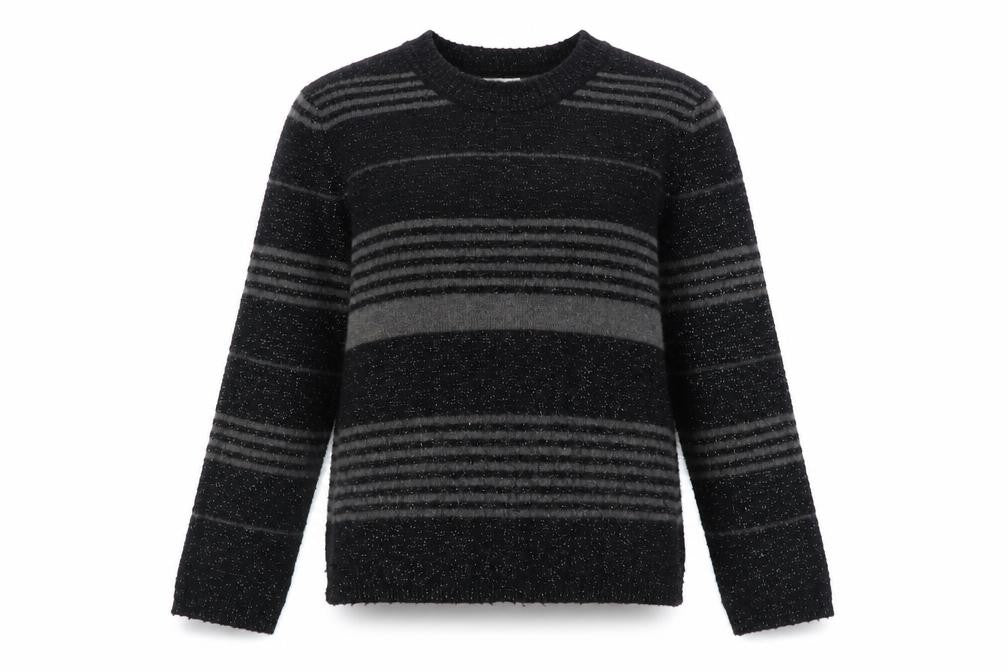 Front view of Yufascreation Women's Black Striped Wool jumper M