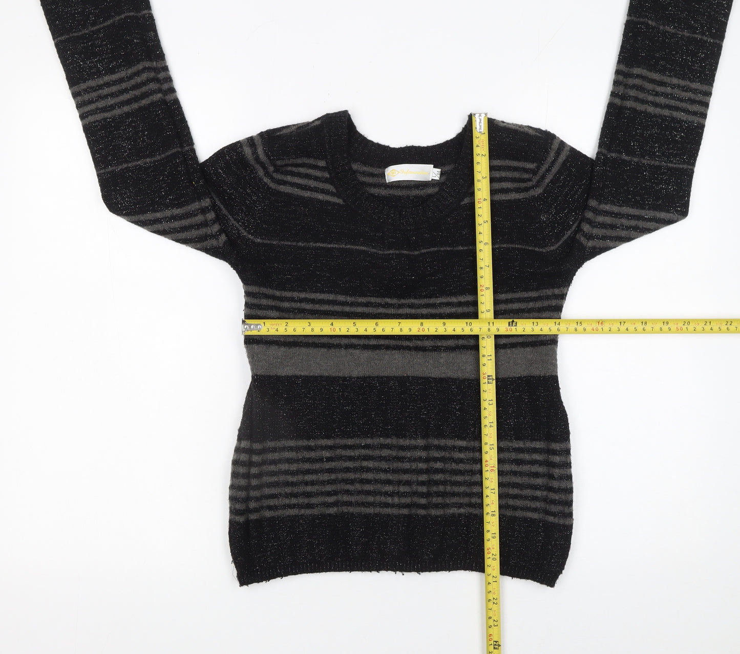 Yufascreation Women's Black Striped Wool Pullover Jumper M