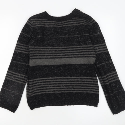 Yufascreation Women's Black Striped Wool Pullover Jumper M
