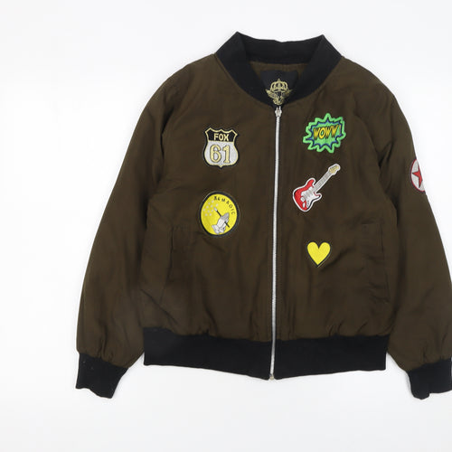 Rising Women’s Brown Bomber Jacket S Embroidered Patches Casual