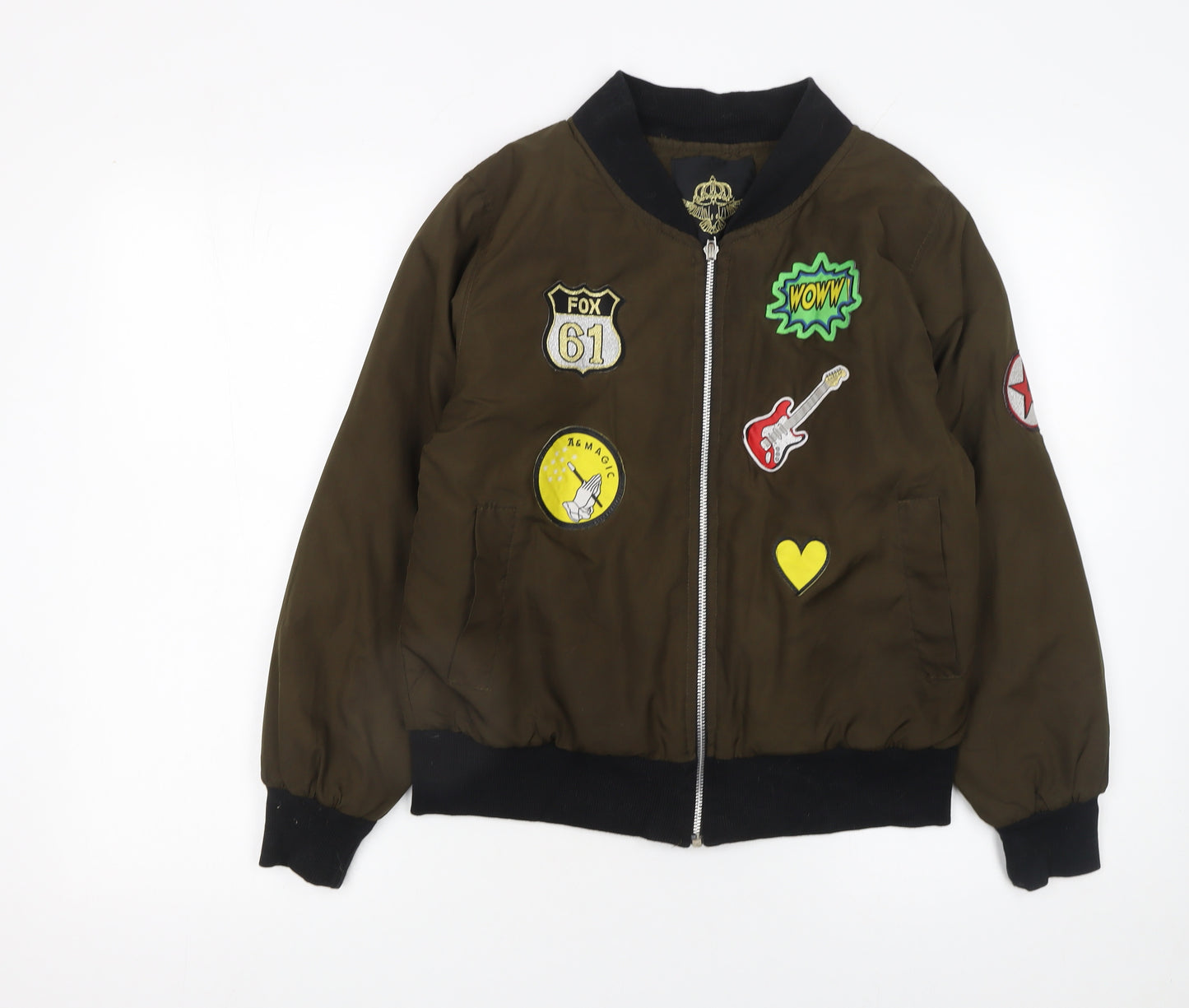 Rising Women’s Brown Bomber Jacket S Embroidered Patches Casual