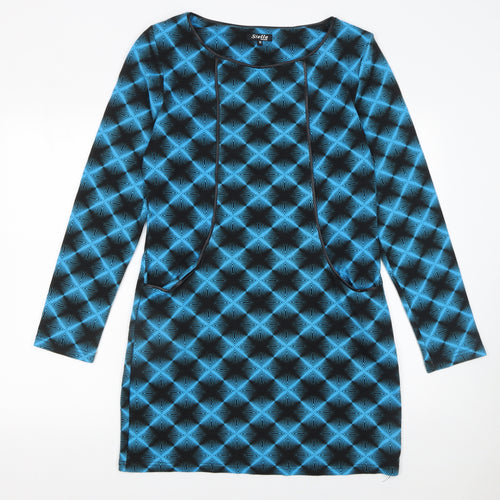 Stella Women Blue Geometric Long Sleeve Shift Dress Size 14