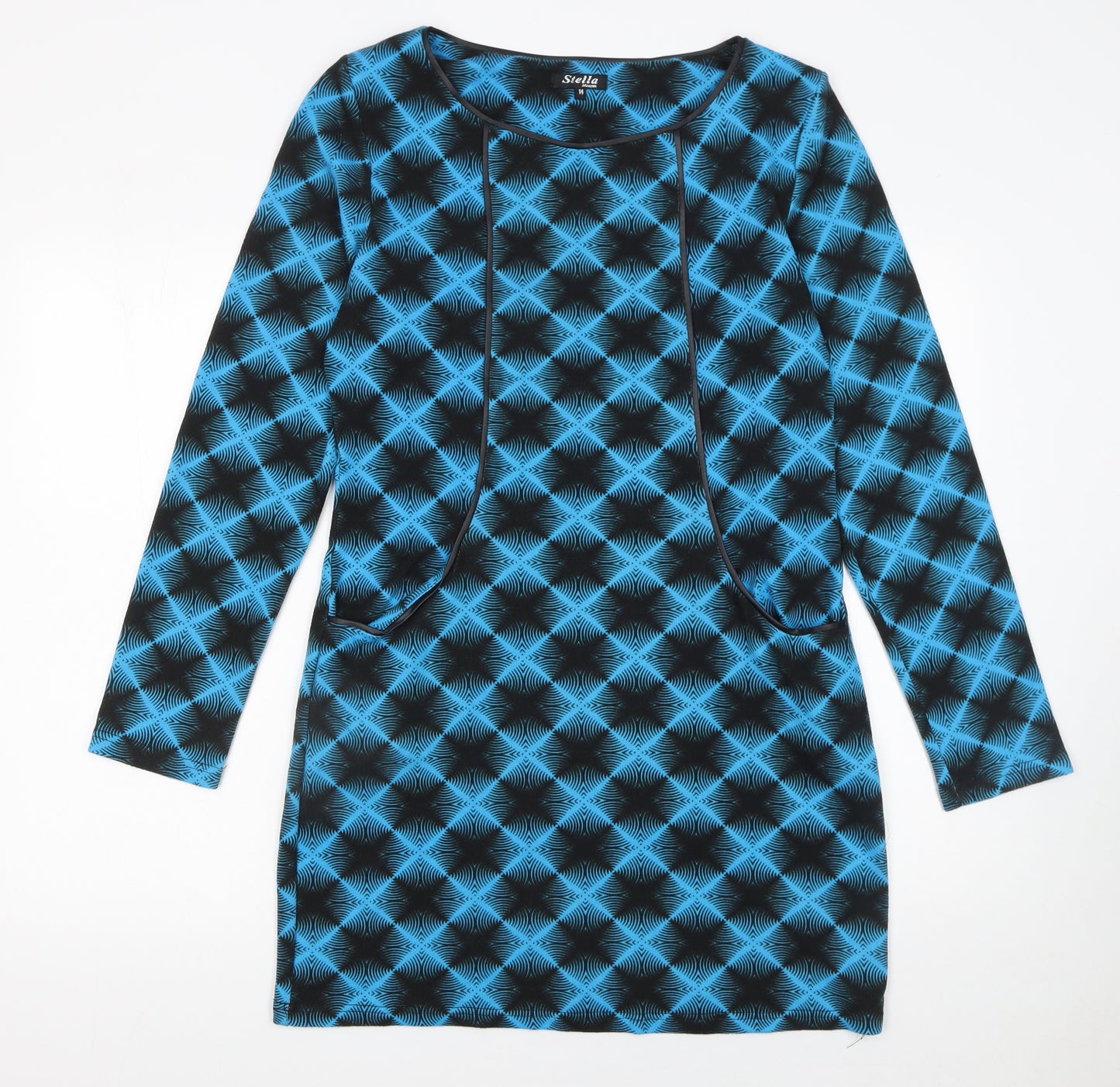 Stella Women Blue Geometric Long Sleeve Shift Dress Size 14
