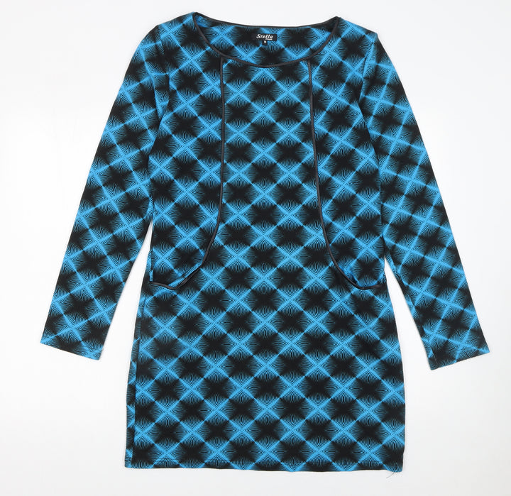 Stella Women Blue Geometric Long Sleeve Shift Dress Size 14