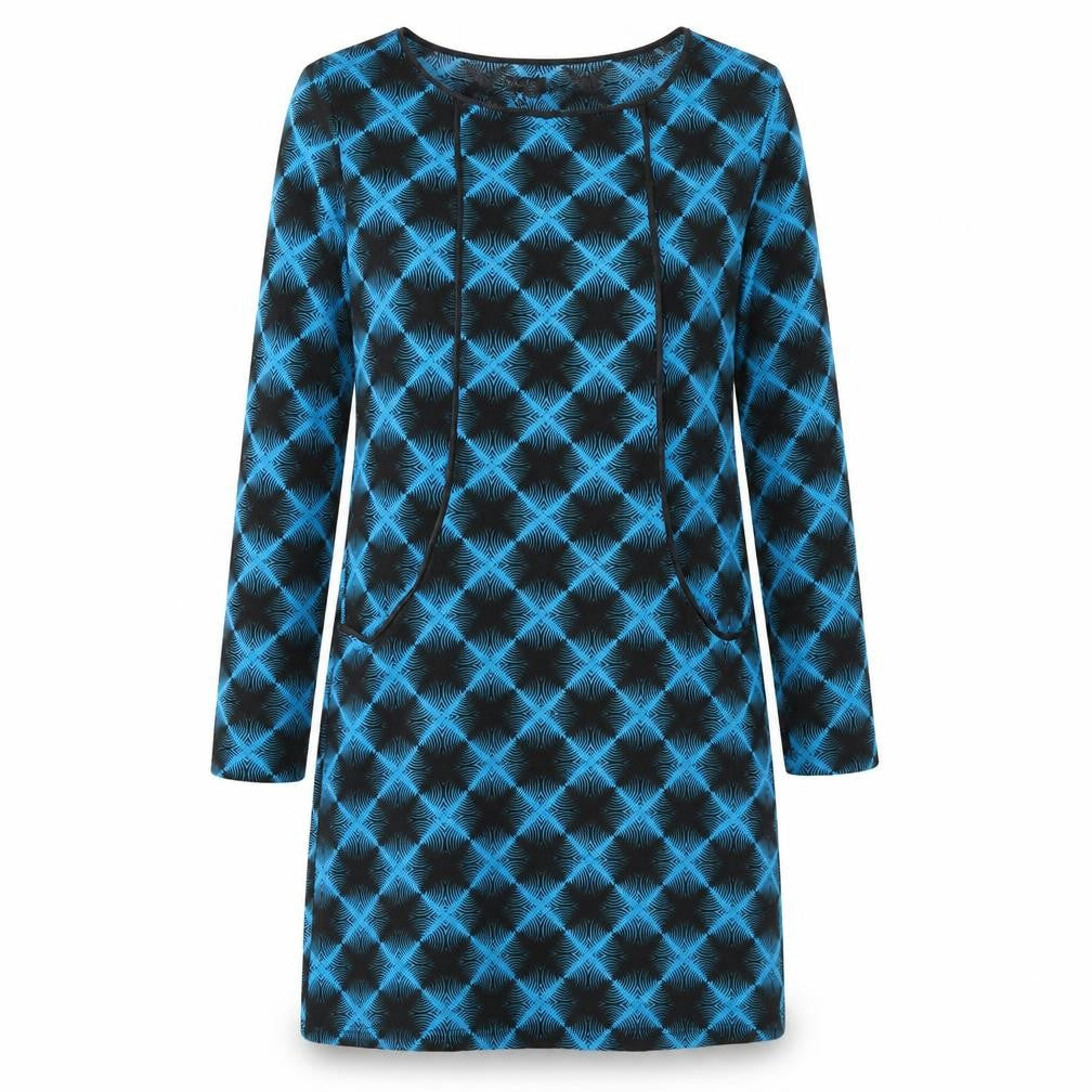 Front view of Stella Women Blue Geometric Long Sleeve Shift Dress, size 14