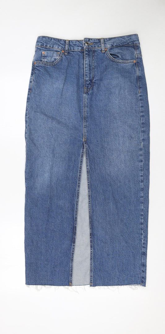 Stradivarius Women Blue Denim Midi Skirt UK 8 Straight Pencil Style