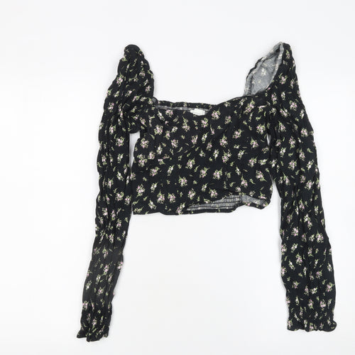 H&M Womens Black Floral Cropped Linen Blend Puff Sleeve Blouse Size 8