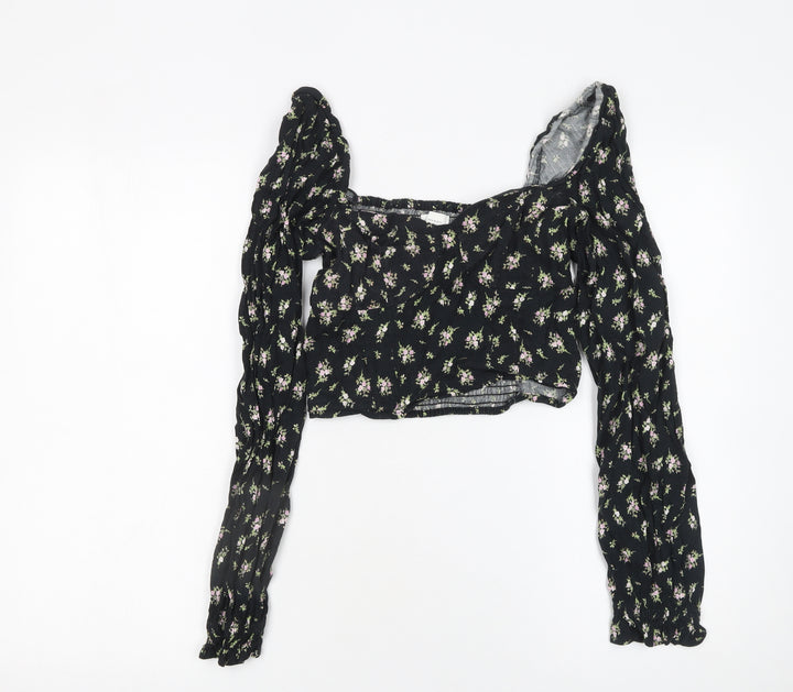 H&M Womens Black Floral Cropped Linen Blend Puff Sleeve Blouse Size 8