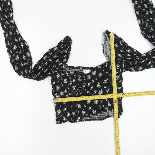 H&M Womens Black Floral Cropped Linen Blend Puff Sleeve Blouse Size 8
