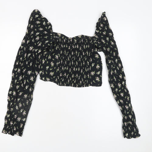 H&M Womens Black Floral Cropped Linen Blend Puff Sleeve Blouse Size 8