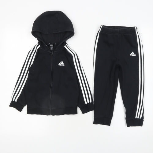 Adidas Boys Black 3-Stripe Hoodie & Joggers Tracksuit Set 3 Years