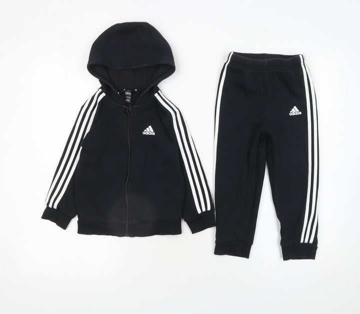 Adidas Boys Black 3-Stripe Hoodie & Joggers Tracksuit Set 3 Years