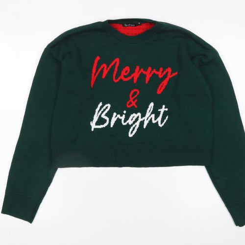 Boohoo Women's Green Merry & Bright Christmas Knit Jumper Size S