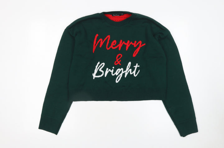Boohoo Women's Green Merry & Bright Christmas Knit Jumper Size S