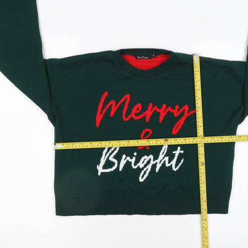 Boohoo Women's Green Merry & Bright Christmas Knit Jumper Size S