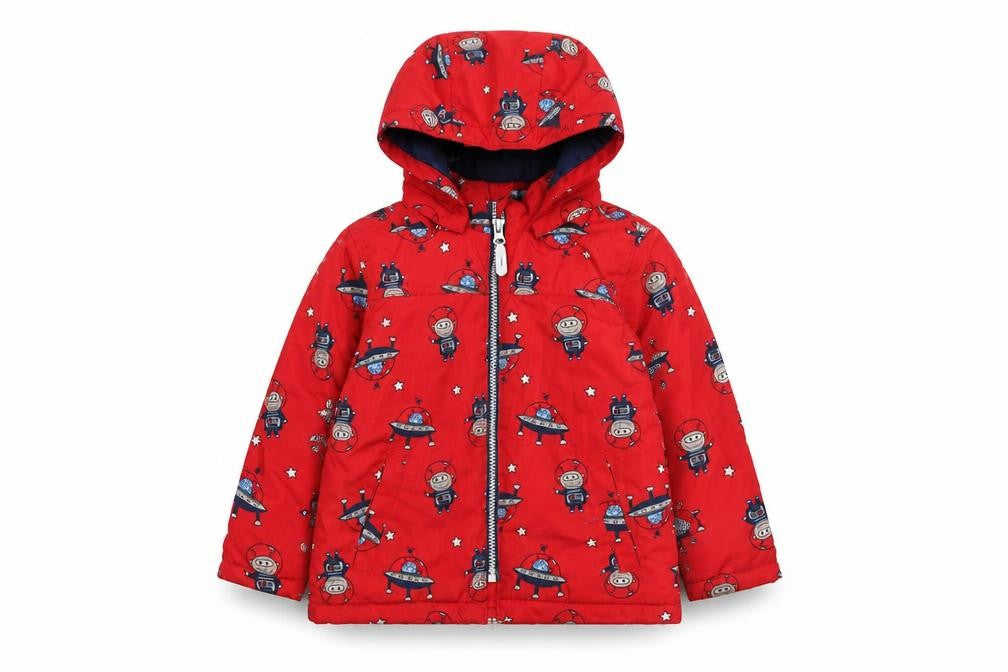 Front view of NAME IT boys’ red space print hooded puffer jacket 4 years