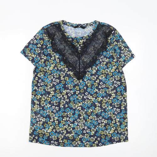Very Women's Blue Floral Lace Accent Short Sleeve Blouse UK 10