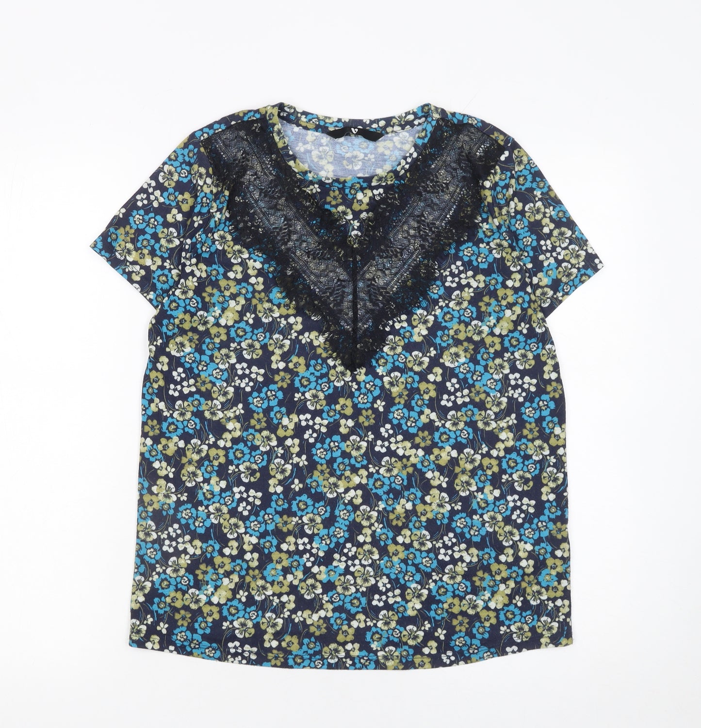 Very Women's Blue Floral Lace Accent Short Sleeve Blouse UK 10