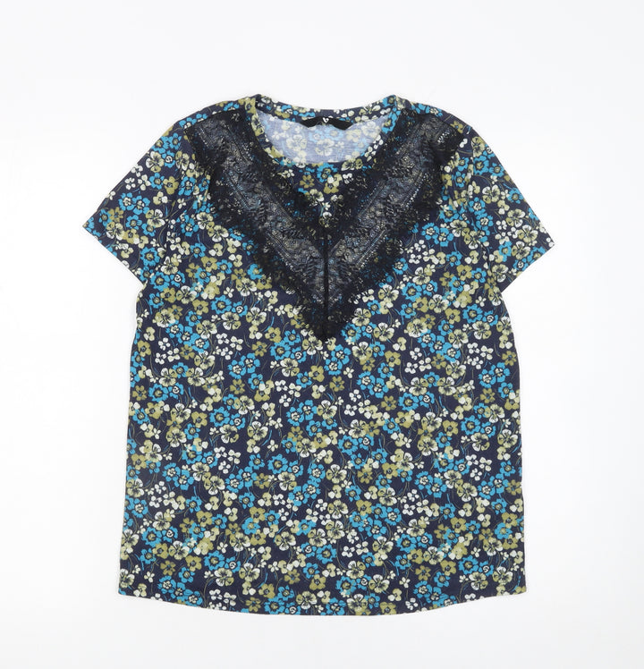 Very Women's Blue Floral Lace Accent Short Sleeve Blouse UK 10